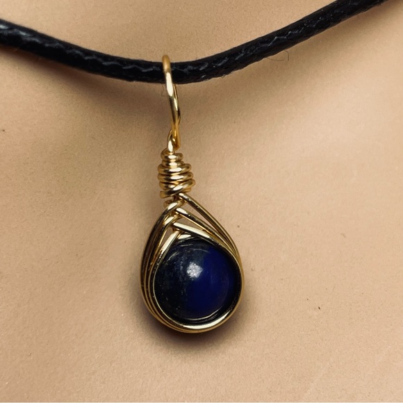Lapiz Lazuli Pendant Hand Wire Wrapped With Gold Pl Wire - Picture 2 of 7